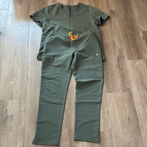 Figs Olive Green Women's Scrubs with Orange Accent